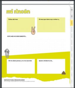 És una pantalla que simula un full de paper on es poden llegir els següents requadres: Éxitos del mes, El mes que viene voy a volver a..., Este mes he descubierto, Me ha dado pereza y no me escondo, Quiero olvidarme de... i Espacio para desahogar-me