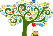 Dibuix d'un arbre. Les fulles de l'arbre són símbols (provetes, claus de Sol...) que representen les diferents assignatures d'un currículum educatiu. De l'arbre penja una poma que un nen carregat amb una motxilla intenta abastar amb la mà des de sota.