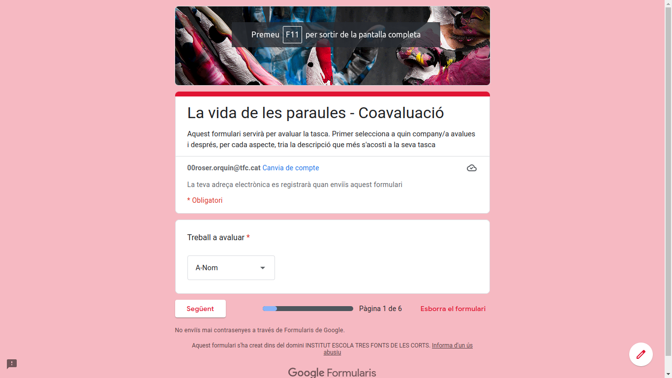 Google Forms per coavaluar la tasca dels alumnes.