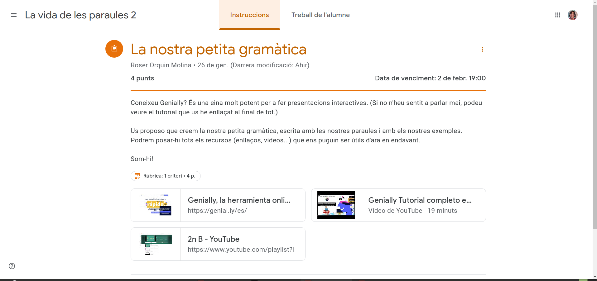 La nostra petita gramàtica:  Coneixeu Genially? És una eina molt potent per a fer presentacions interactives. (Si no n'heu sentit a parlar mai, podeu veure el tutorial que us he enllaçat al final de tot.)  Us proposo que creem la nostra petita gramàtica, escrita amb les nostres paraules i amb els nostres exemples. Podrem posar-hi tots els recursos (enllaços, vídeos...) que ens puguin ser útils d'ara en endavant.  Som-hi!