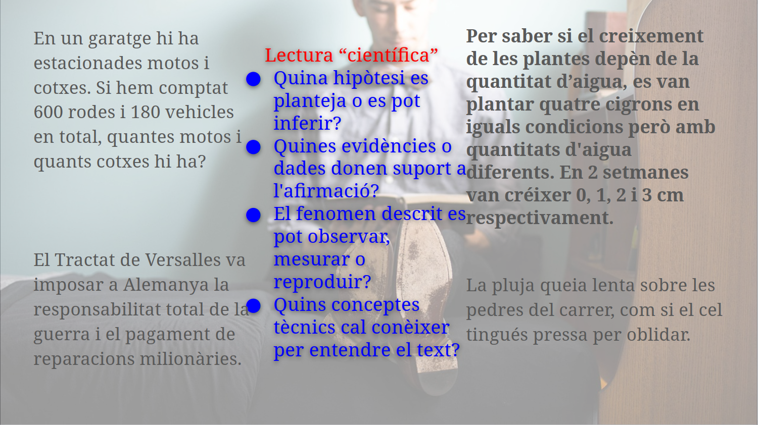 Lectura “científica” Quina hipòtesi es planteja o es pot inferir? Quines evidències o dades donen suport a l'afirmació? El fenomen descrit es pot observar, mesurar o reproduir? Quins conceptes tècnics cal conèixer per entendre el text?