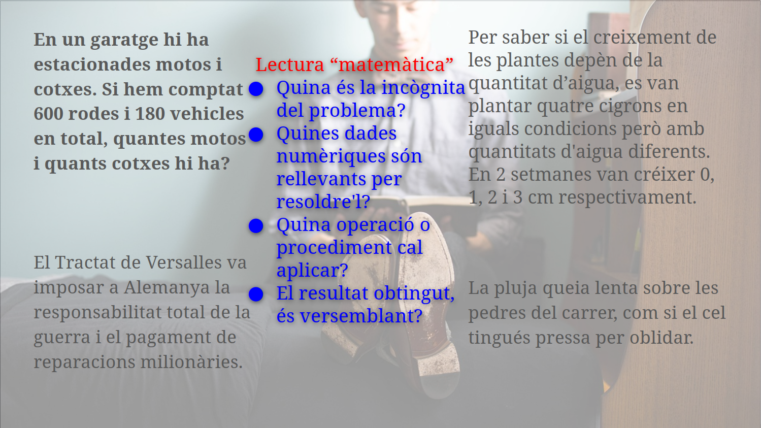 Lectura “matemàtica” Quina és la incògnita del problema? Quines dades numèriques són rellevants per resoldre'l? Quina operació o procediment cal aplicar? El resultat obtingut, és versemblant?